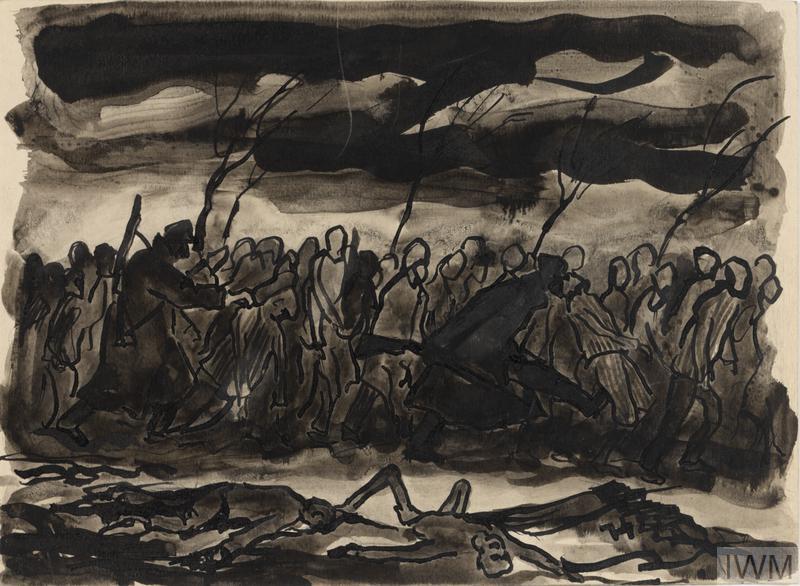 Jan Hartman, "Death March (Czechowice-Bielsko, January 1945)," 1945. Gouache on paper.